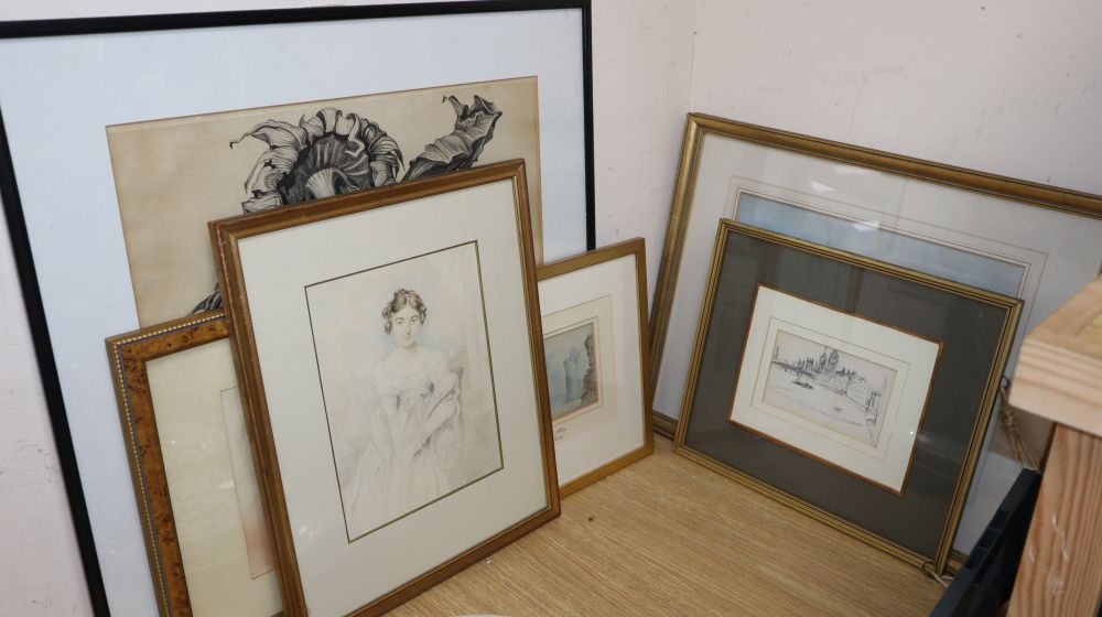 A group of assorted pictures and prints including Francis Leake, watercolour of a sailing ship, a Stanley Grayson sketch,